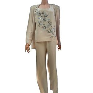 R&M Richards Vintage Elegant 3 Piece Cream Chiffon Embroidered Beaded Set